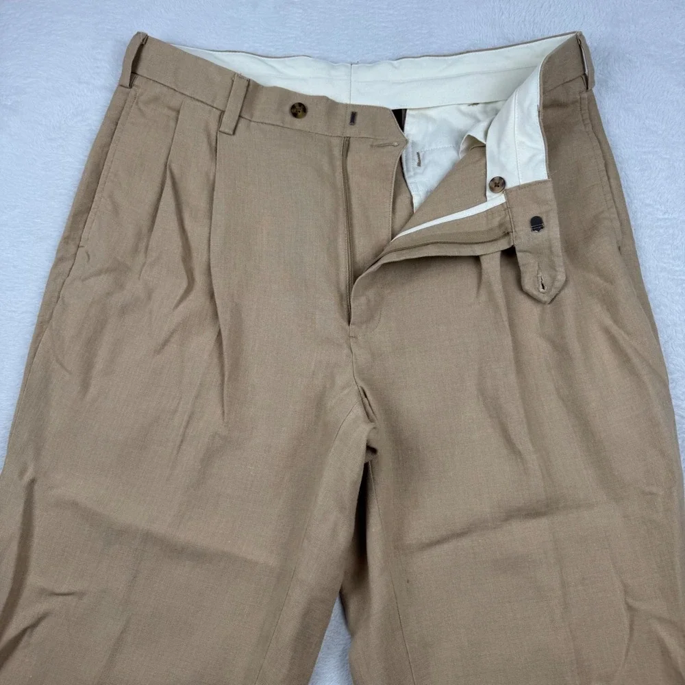 Jos. A. Bank Traveler's Collection Pants Mens 36x29 Khaki Tan 100% Linen Pleated